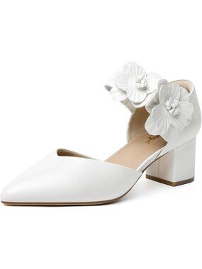 Women's White Chunky Kitten Heels Closed Toe Slip On Comfortable Flower Shoes